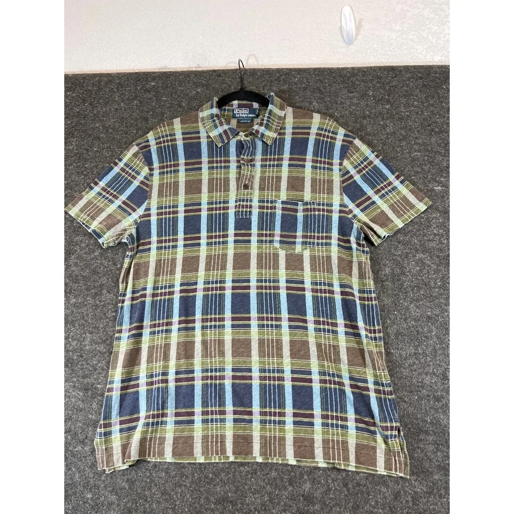 Polo Ralph Lauren Mens Plaid Polo Shirt Blue Green Brown Large Combed Cotton